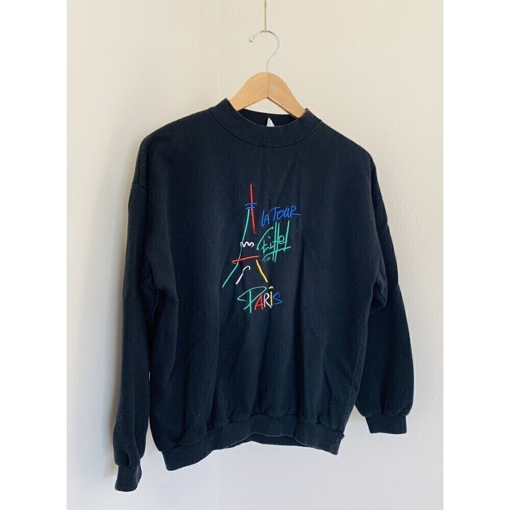 Vintage 90s La Tour Eiffel Tower Paris Black Embroidered  Sweater Size Small
